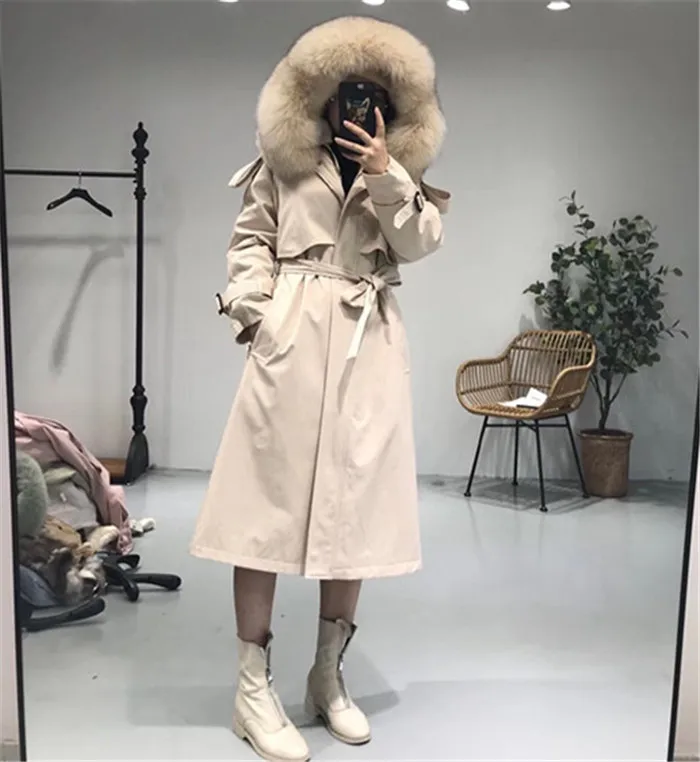 khaki Зимняя куртка женская длинная парка настоящая подкладка из кроличьего меха Рекс теплое пальто большой Лисий меховой воротник парка с капюшоном Mujer пальто - Цвет: khaki