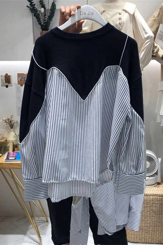 

2021 Spring Women Korean Style All-match Spliced Stripe Shirt T-shirt Loose Long Sleeve Streetwear Female Hoodies