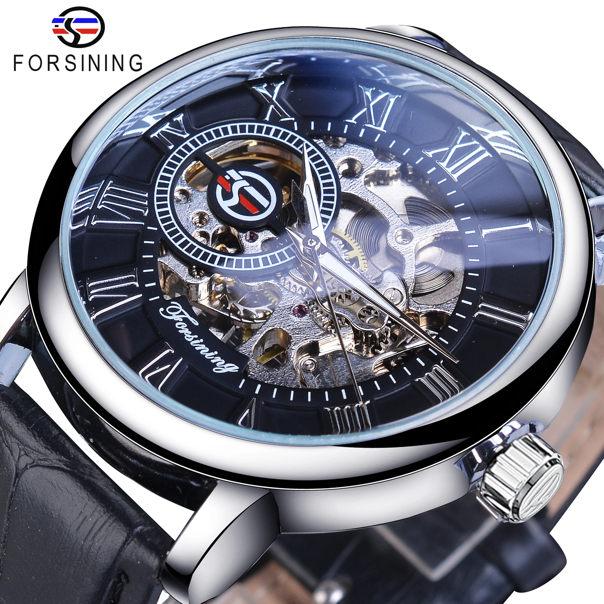 

Forsining 3D Literal Design Roman Number Black Dial Designer Watches Men Luxury Brand Erkek Kol Saati Skeleton Watch Clock Men
