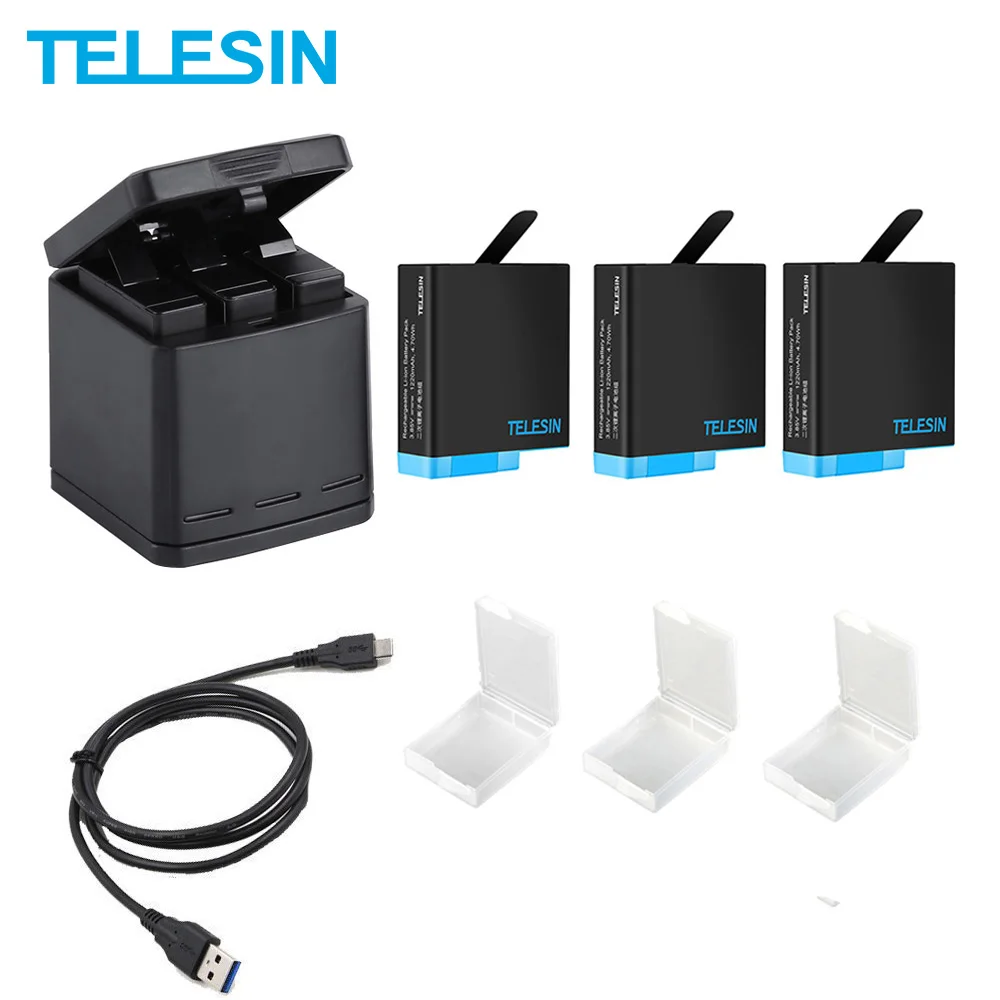

Зарядное устройство TELESIN, 1220 мАч, 3 слота, со светодиодсветильник кой