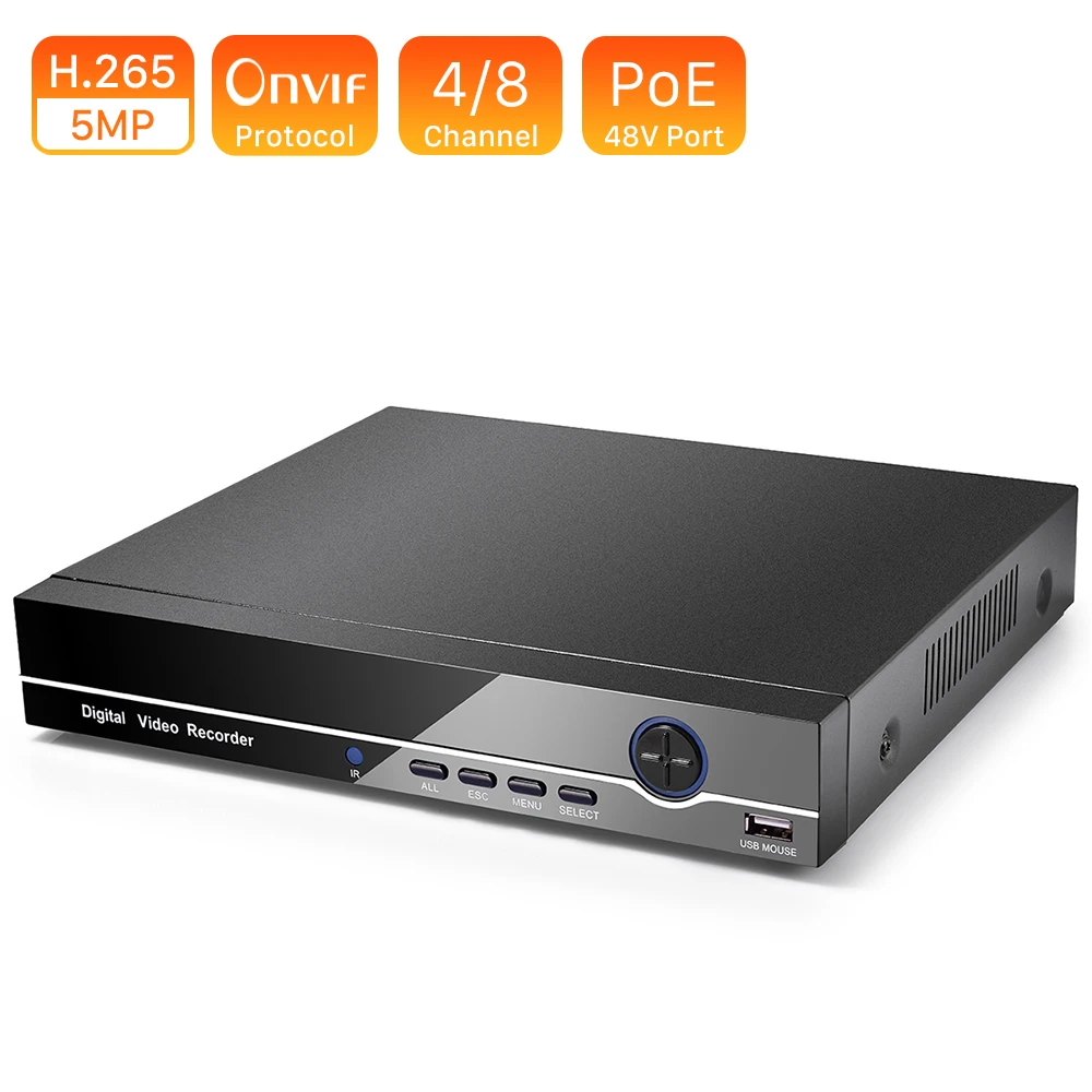 

H.265 H.264 4CH 8CH CCTV NVR 48V PoE 4*5MP/ 8*4MP Surveillance Security Video Recorder ONVIF IP Camera Motion Detect PoE NVR P2P