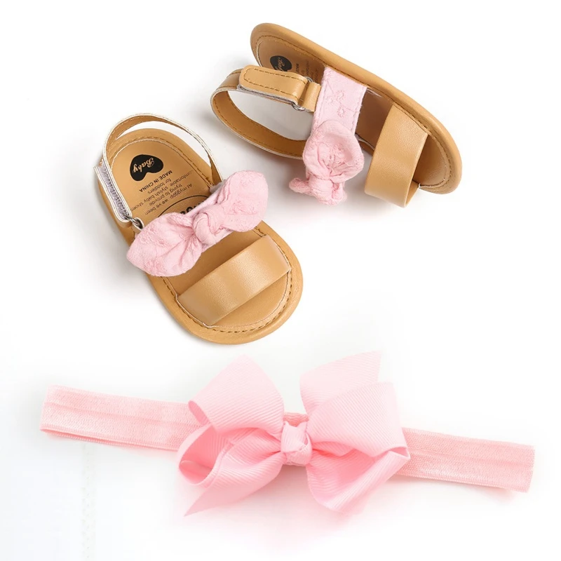 

Newborn Baby Girls Bow First Walkers Soft Bottom Shoes Girls Baby Toddler Sandals Headband 2pcs Set for 0-18M Baby