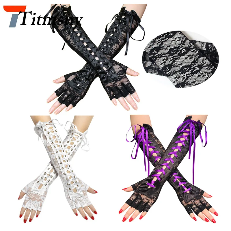 

Titmsny Women Sexy Lace Long Gloves Winter Elbow Length Half-finger Gloves Ribbon Fingerless Fishnet Mesh Etiquette Party Gloves