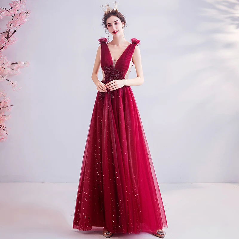 2020 New Fashion Wine Red A-line V-neck Tulle Crystal Beaded Vintage Elegant Evening Dresses Bride Banquet Party Prom Dress ND29 | Свадьбы и