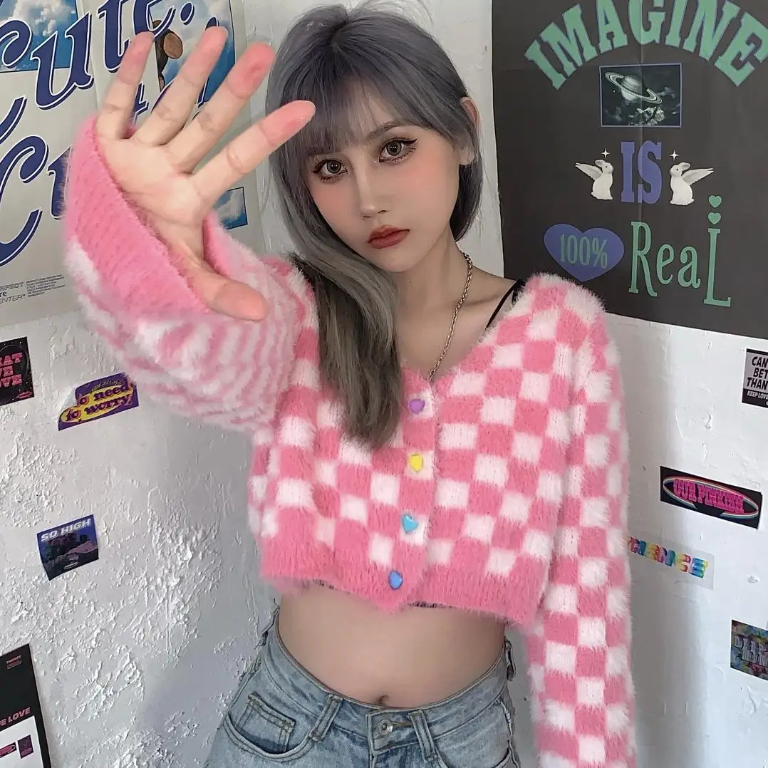 

Клетчатый вязаный однобортный Кардиган в клетку с длинным рукавом, Модный осенне-зимний свитер, женский короткий топ, теплая одежда