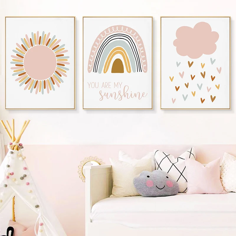 

Для стены в детской комнате постер, розовые солнце облака, настенное искусство, Детская радужная картина на холсте, скандинавский детский Декор для детской комнаты