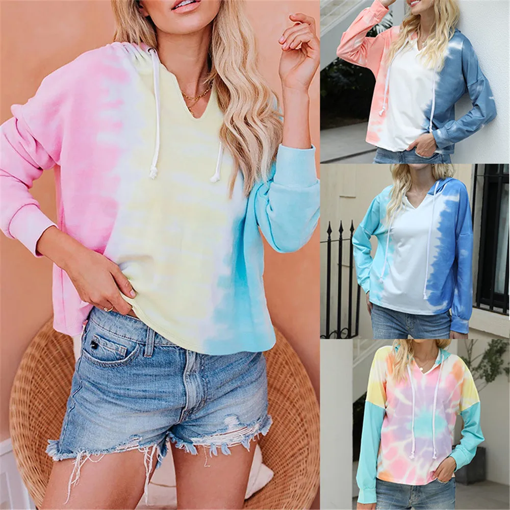 

Tie-Dye Gradient Color V-Neck Hooded T-Shirts Long-Sleeved Pullover Casual Sweatshirt Women Spring Autumn Tops Loose Sweatshirts