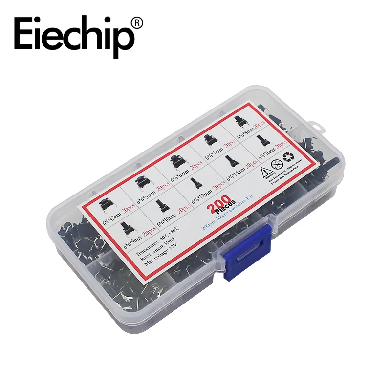 200pcs/lot 10 value Mini Button Switch kit 6*6 rice cooker / telephone PCB board maintenance use 6x6x4.3 Keys | Электронные