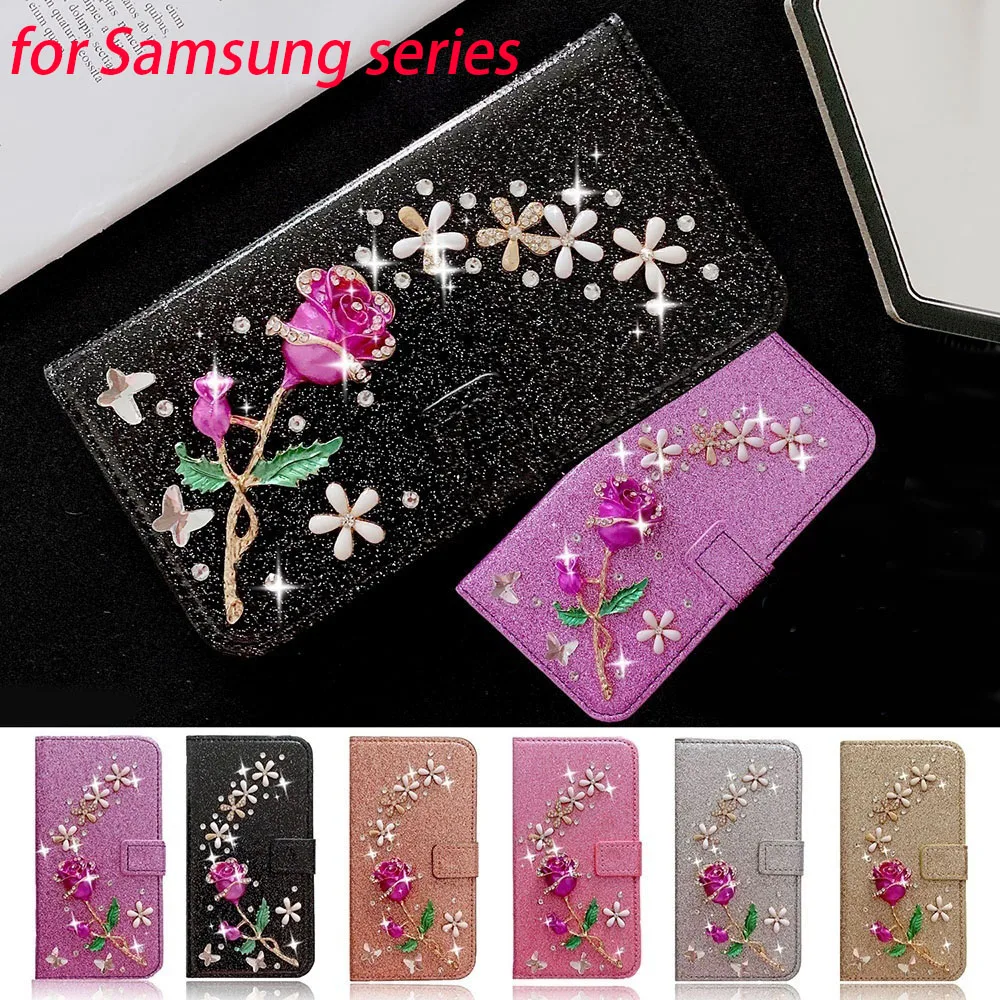 

3D Rose Flower Bling Leather Flip Stand Wallet Card Slots Girls Case for Samsung Galaxy A32 4G 5G for Galaxy A52 A72 A12 A02S