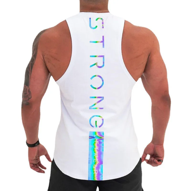 

Muscle Fitness New Summer Mens Sports Clothes Exercise Color-changing Word Printing Sleeveless Elastic Vest Ropa Para Ejercicio