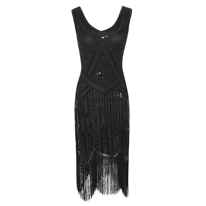 Black Dress 1920s Гэтсби блесток бахромой Пейсли Хлопушка платье с 20s аксессуары набор xs, s, l, m, xl, xxl - Цвет: Black Dress