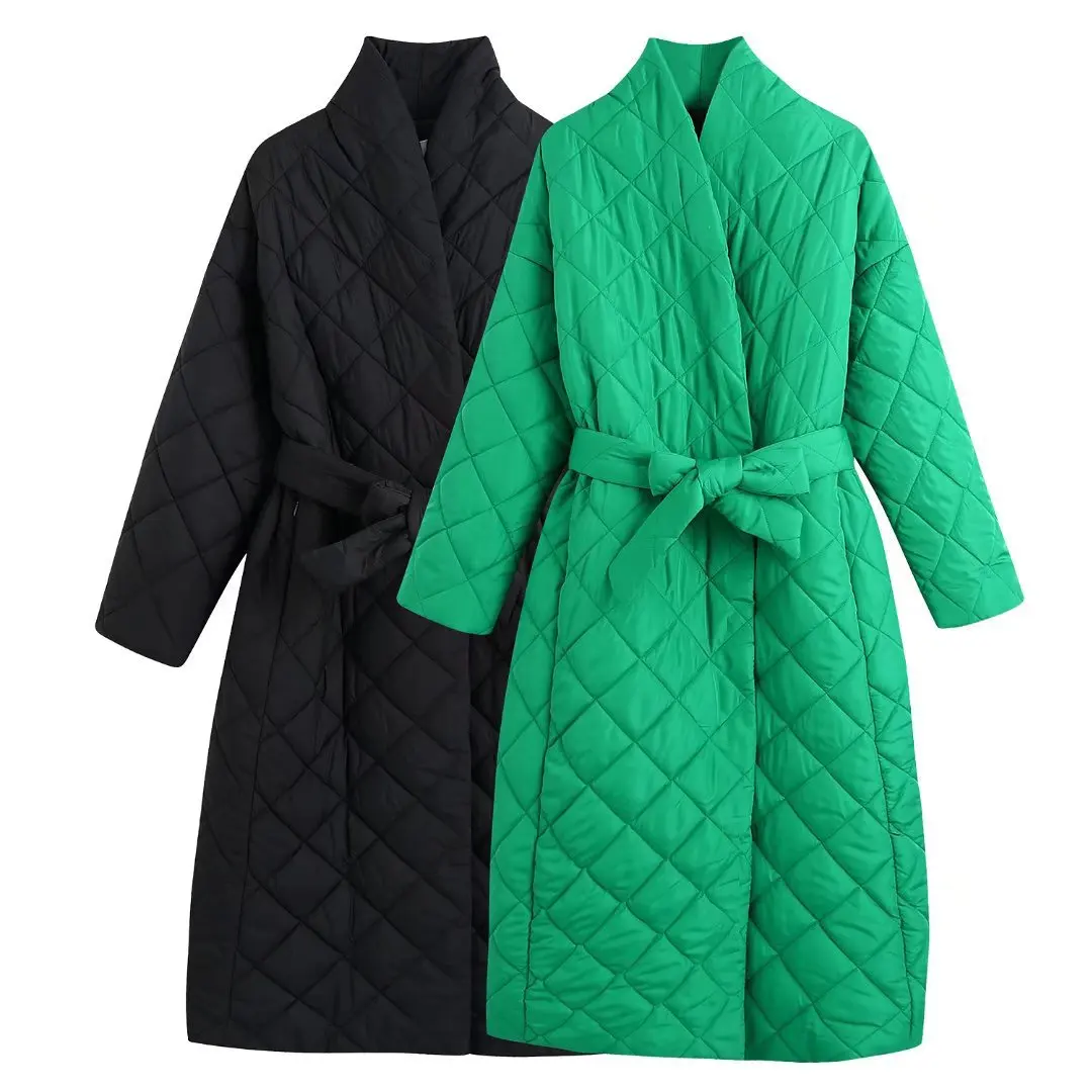 

Fashionable Quilted Coat Women's Thicken Warm Korean Style Belted Wide Loose Parka Coat Casual Cotton Long Sleeve Pocket Jacket