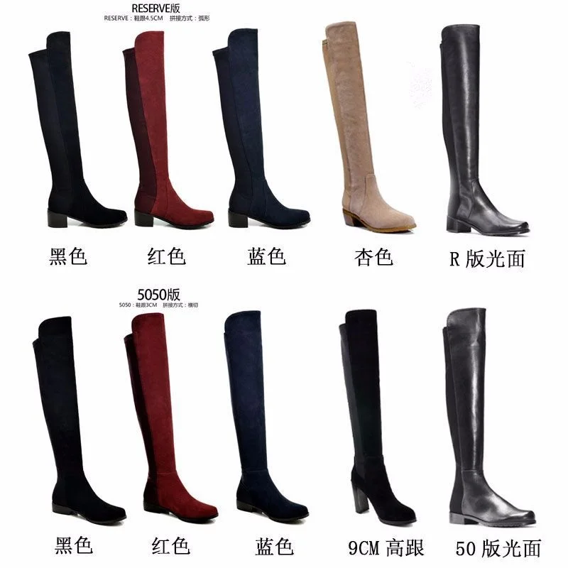 Goedkoop Nieuwe Herfst En Winter Laarzen 2019 Grote Maat Ronde Kop Lage Hak Knie Laarzen Vrouwelijke Lederen Dunne Stretch Laarzen