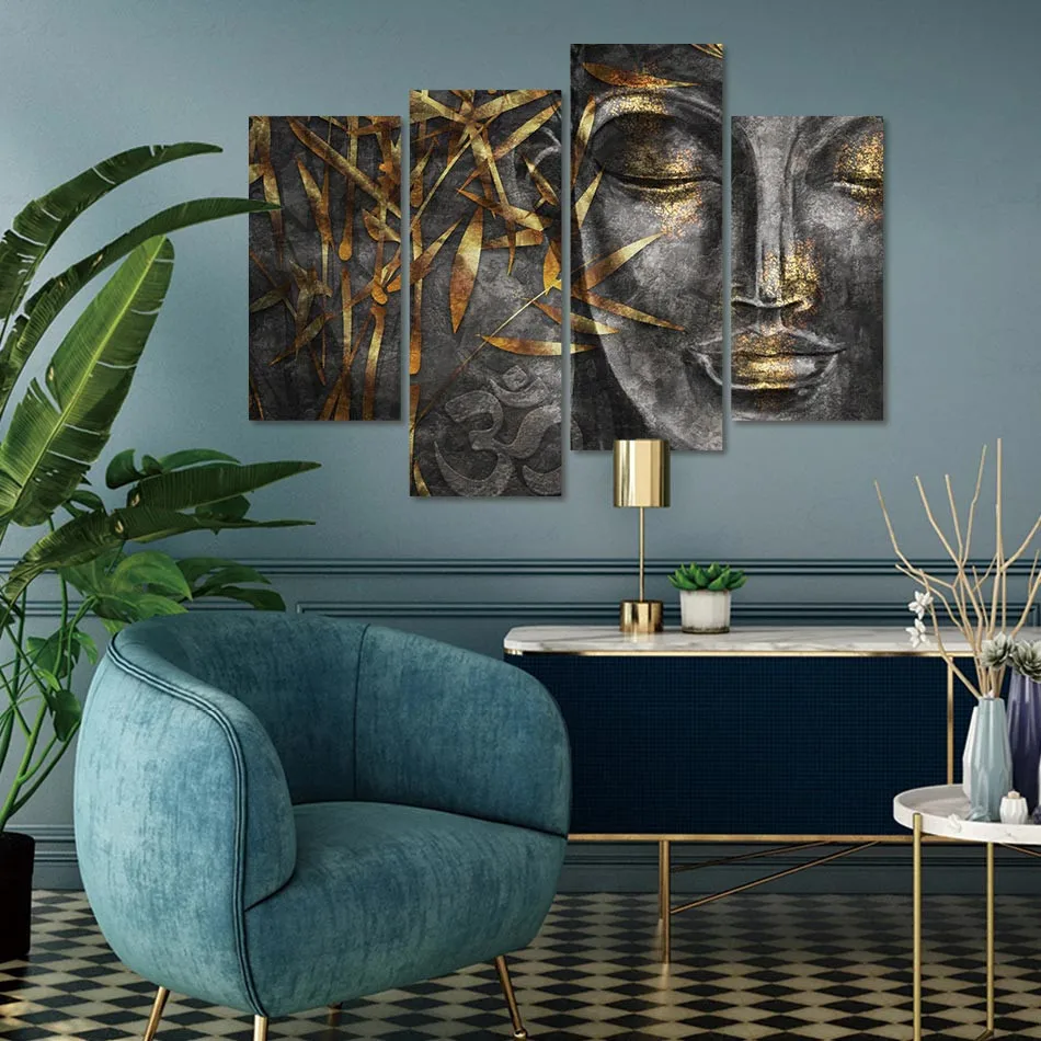 Золотая фольга синее лицо Будды картины на холсте 4 панели буддийские плакаты