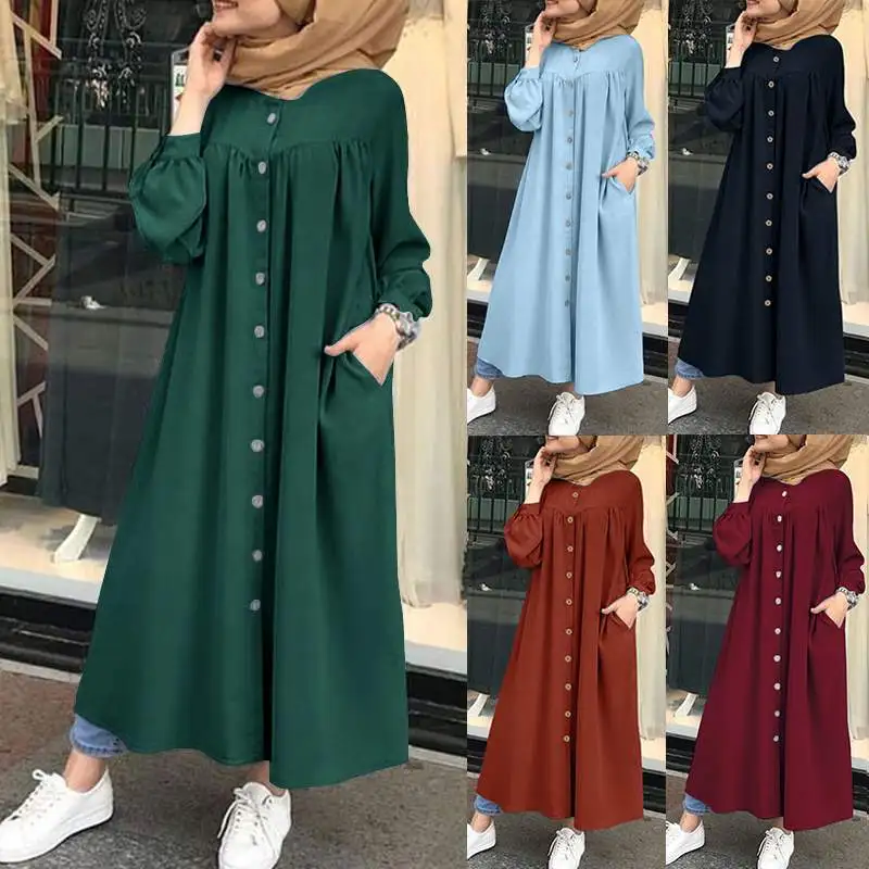 

Muslim Fashion Abaya Dress Women Dubai European Clothing Button Stand Collar Caftan Dress Turkey Casual Maxi Lantern Sleeve Robe