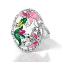 women gorgeous handmade enamel lotus blossom flower leaf rings shiny cubic zirconia hollow out unique vintage rings for female