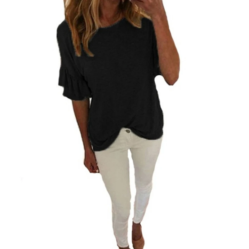 Женские тонкие топы с рюшами на рукавах летняя футболка круглым вырезом модная