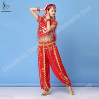 indian belly dance costumes set sari bollywood dance women chiffon half sleeve coin topbeltpantsveilhairpin girl