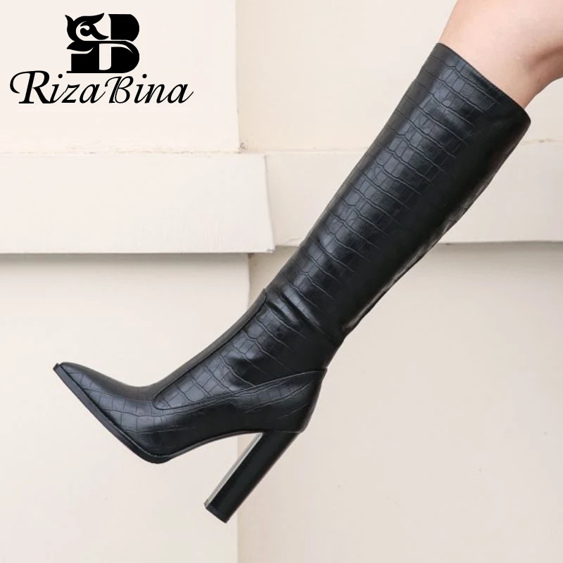 RIZABINA/женские сапоги до колена Новая модная зимняя обувь на молнии высоком