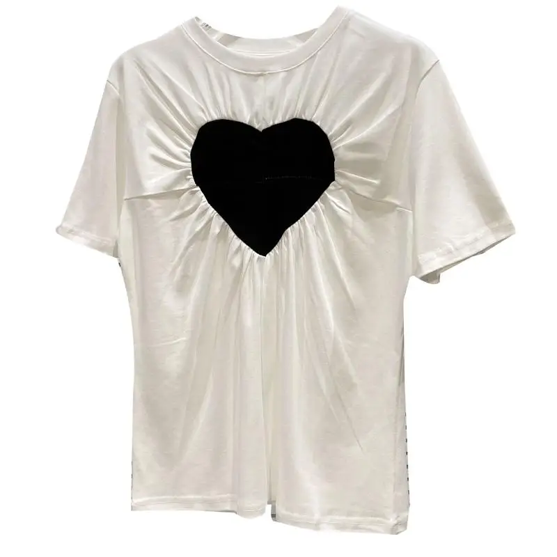

2021 Summer New Fashionable Big Heart Pleated T Shirt for Women Round Neck Short Sleeve T-shirt Female Loose Casual Shirt