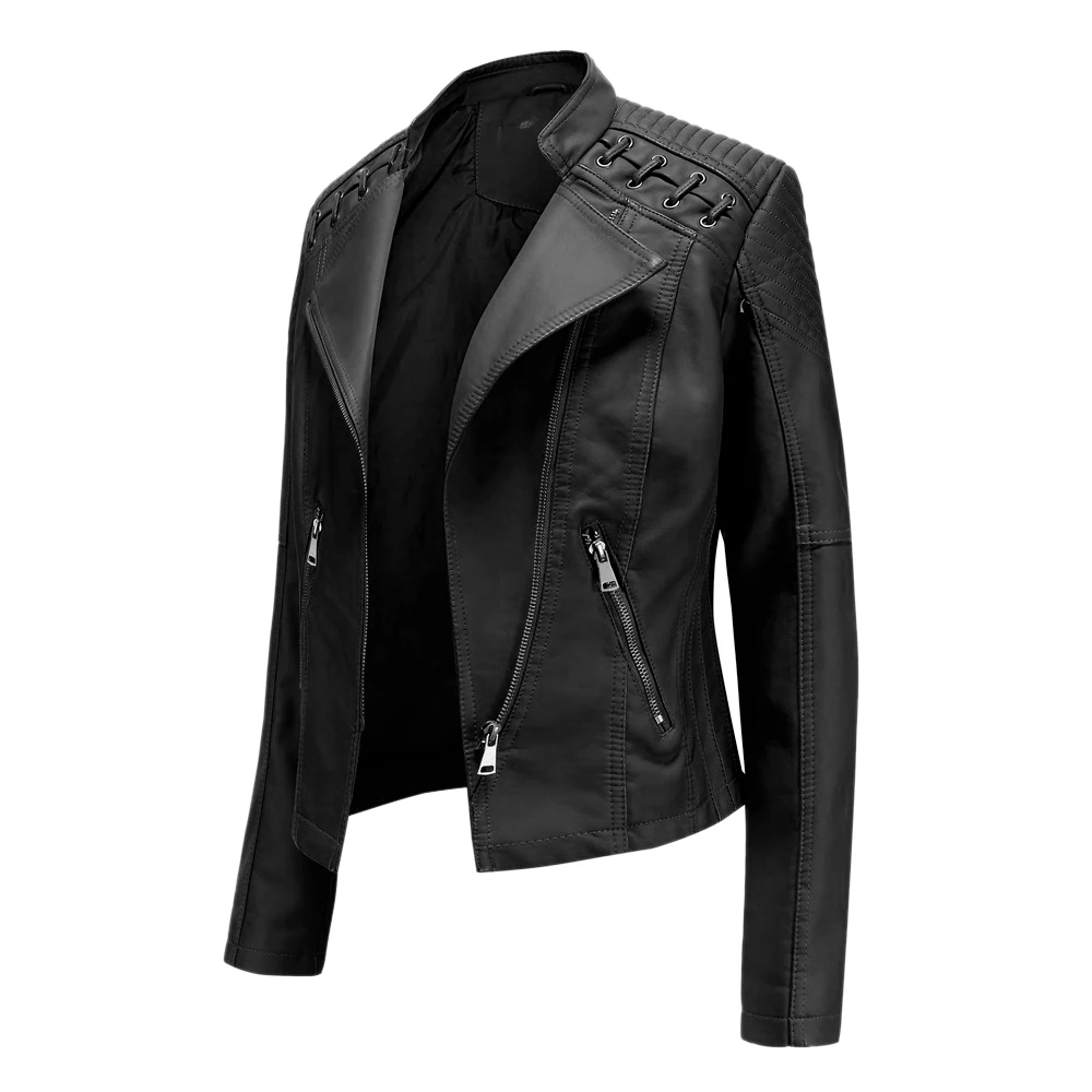 

High Quality 2020 Spring Winter Female Black PU Leather Loose Turn-down Collar Zipper Fashion New Women's Wild locomotive Jacket