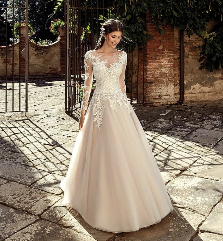 

New Style Long Wedding Dress 2021 Scoop Long Sleeves Court Train Appliques Lace Tulle A-Line Bride Dress Vestido de noiva