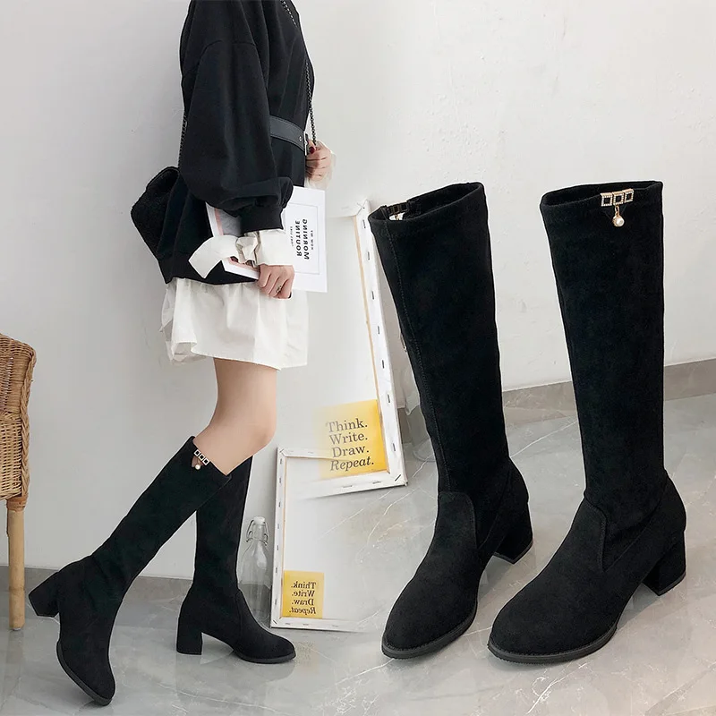 2019 Autumn Winter Suede Leather Black Martin Boots Women'S Shoes Plus Velve Warm Solid High Heel Snow Women Cotton | Обувь