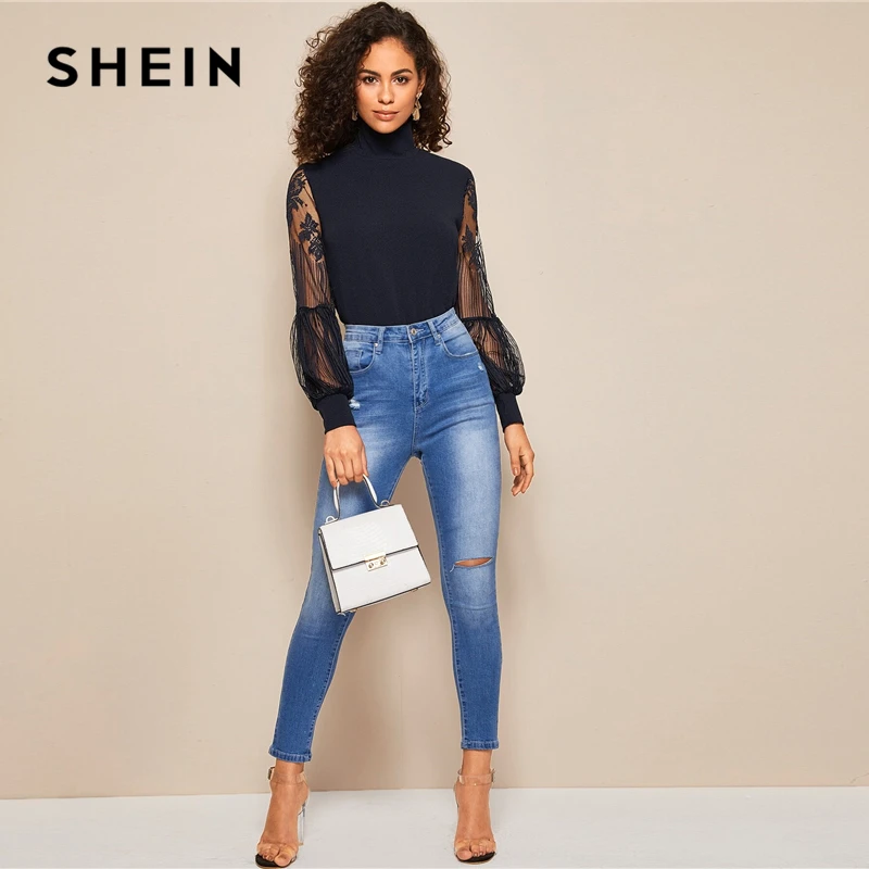 SHEIN Однотонный Топ С Прозрачными Рукавами Сексуальная Блузка С Ажурными Рукавами