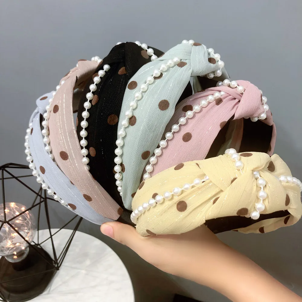 

2023 Women Full Pearl Chain Embroidered Headbands Girls Knitted Flower Scrunchies Wide Headwrap For Women Hairbands Wholesale