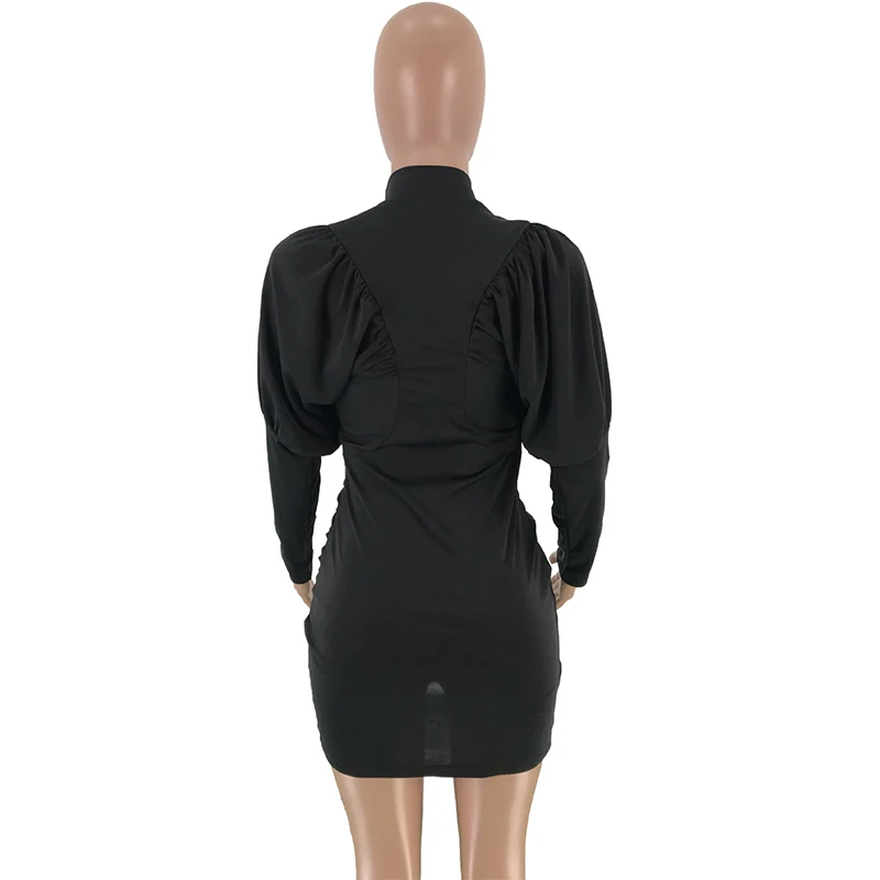 

Solid Long Sleeve Ruched Irregular Mini Bodycon Dress Women Mock Neck Sexy Party Dresses