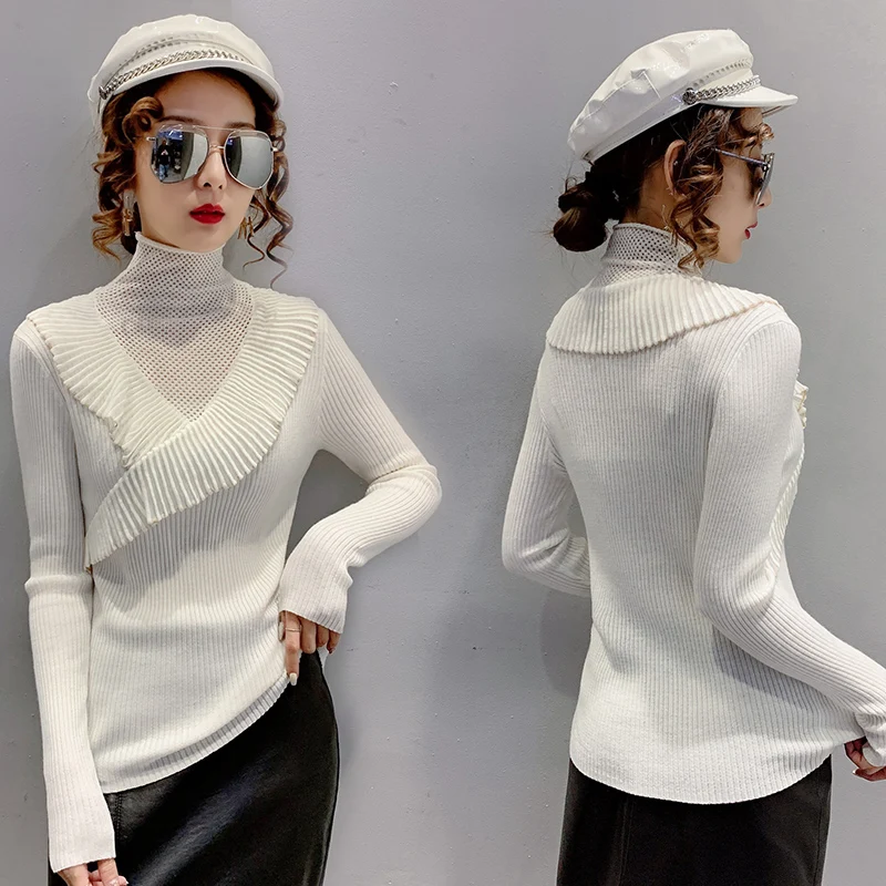 

Ruffles Hollow Out Knitted Women Sweater Turtleneck Solid Elastic Pulls Office Lady Elegant All Match Pullovers Tops