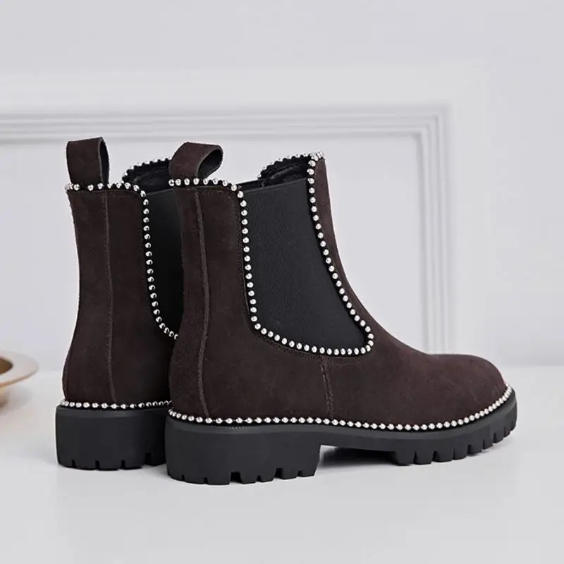 Taoffen Size 34-41 Women Genuine Leather Beads Ankle Boots Chelsea Office Work Party Casual Short Boots Flats Daily Footwear