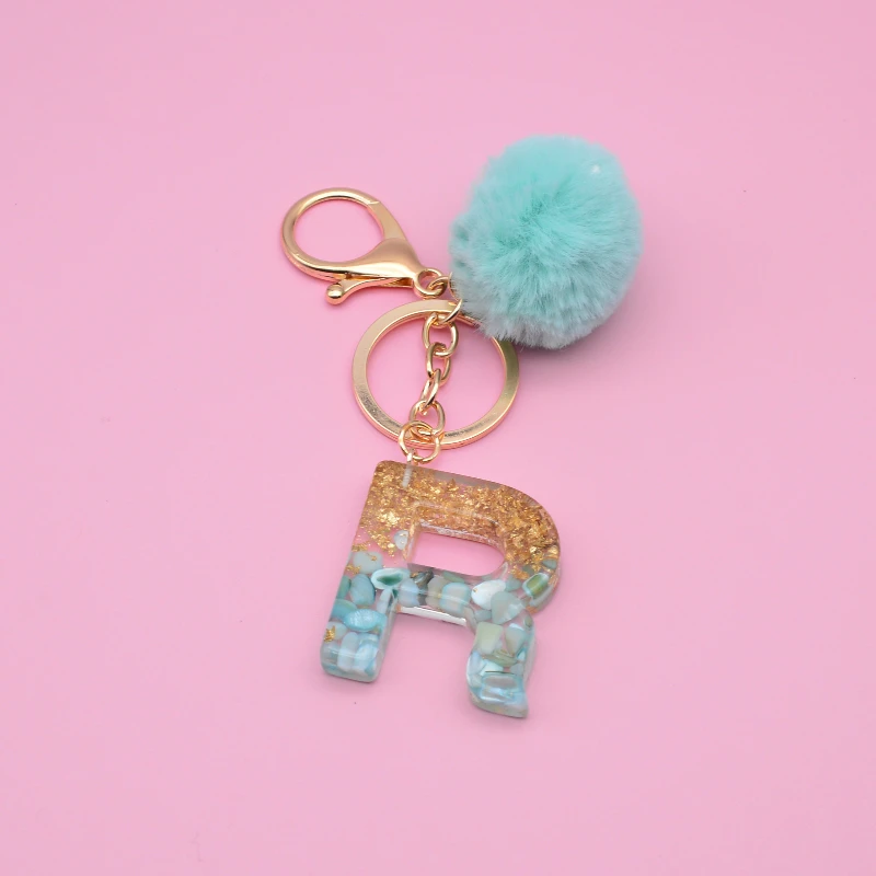 

Pompom Letter Keychain English Words Keyring with Puffer Ball Glitter Gradient Color Resin Crafts Handbag Charms Wholesale