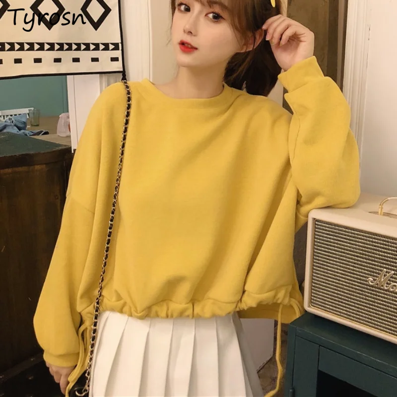 

O-neck Hoodies Women Solid Simple Sweet Ulzzang Casual Loose Shirring All-match Elegant Femme Streetwear Y2K Designed Cropped