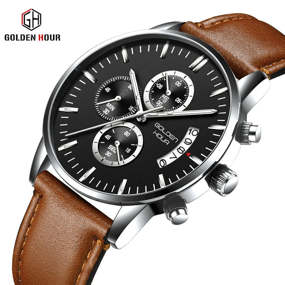 

GOLDENHOUR Wristwatch Mens Leather Army Water Resistant Reloj Hombre Casual Date Quartz Fashion Clock Men Watch Dropshipping
