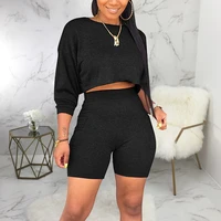 womens solid color sports short suit long sleeve round neck t shirt side pocket motorcycle shorts casual style 2 piece set