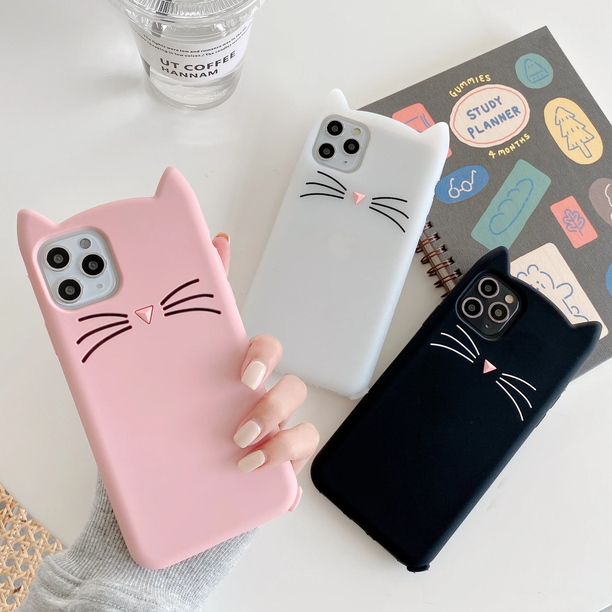 

Bearded cat 3D Cartoon Cat ears silicone Cover For iphone 14 13 12 mini 11 Pro Phone Case X XR XSMAX 6 6s 7 8 Plus Soft Pendants