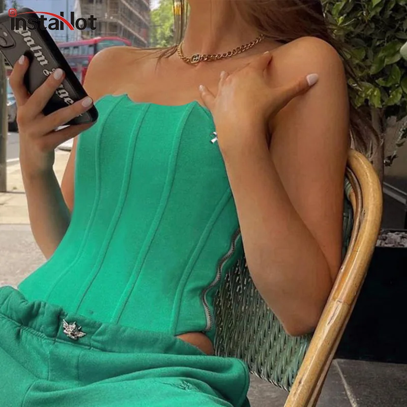 

InstaHot Sexy Women Asymmetrical Zipper Tank Top Casual Autumn 2021 Female Sleeveless Top Slim Streetwear Solid Tank Clothing