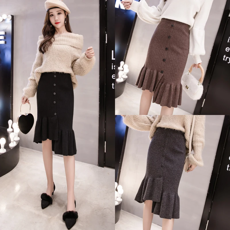 Осенне-зимняя женская трикотажная юбка на бедрах высокая посадка пуговице Falbala