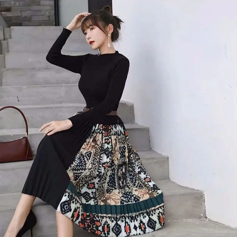 Весна корейский стиль лоскутные принт вязаное модное платье с имитацией двух