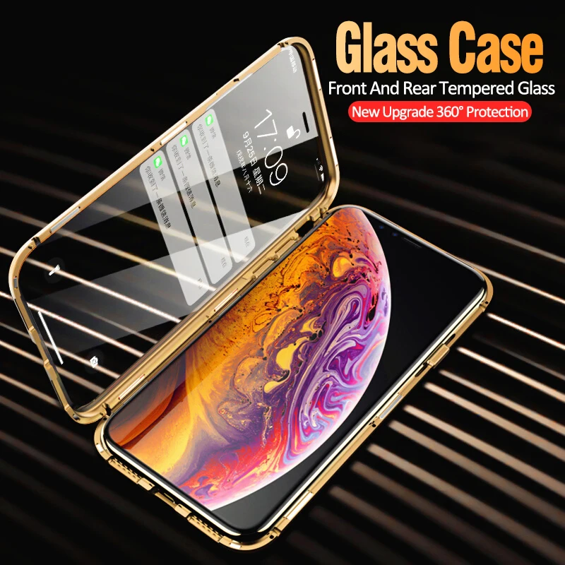 

Luxury Magnetic Magnet Tempered Glass case For iPhone 11 Pro Xr Xs Max 6 6s 7 8 Plus Metal Double Sided Clear Glass Case Bumper