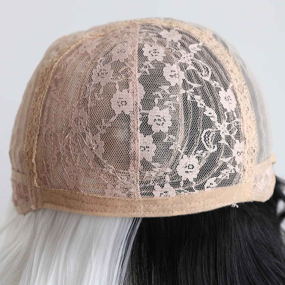 

BTWTRY Half White Half Black Synthetic None Lace Wigs with Bangs for Women Cosplay Daily Wear Hair Short Curly Hair Cute Wigs