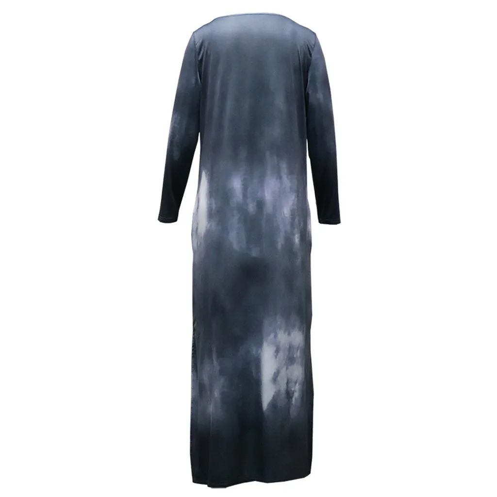 Tie Dye длинное платье для женщин хиппи душа печати о-образным вырезом свободного покроя с длинным рукавом рубашка макси платья размера плюс сплит винтажное платье
