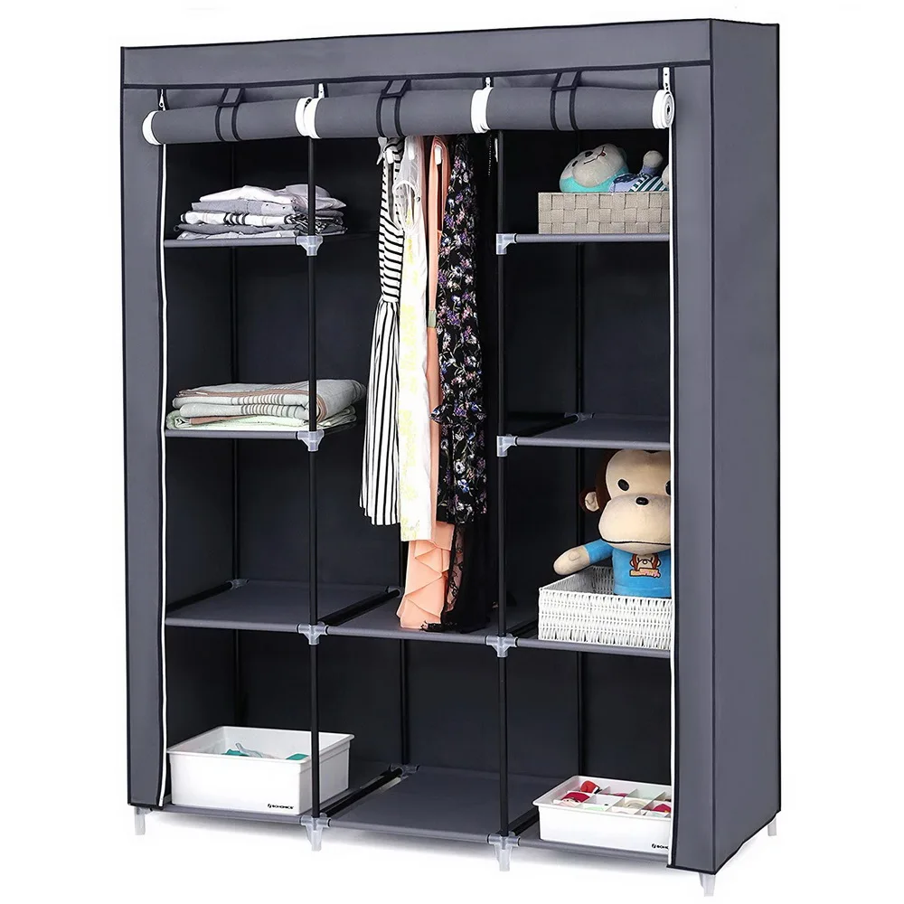 

Modern Non-woven Cloth Wardrobe with Side Pocket Clothing Storage Cabinet Folding Steel Individual Closet Bedroom Furniture