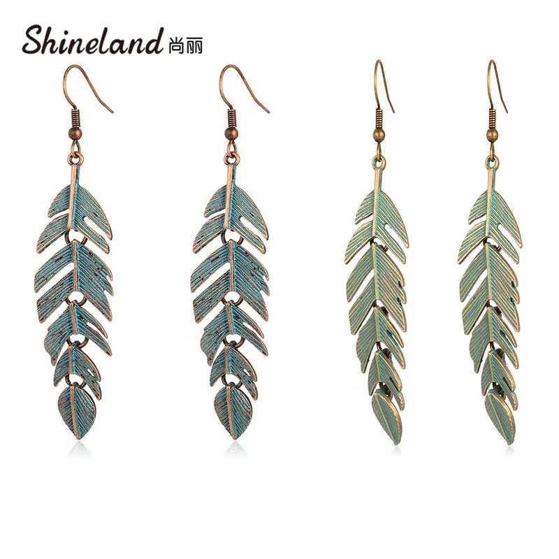Женские Висячие серьги Shineland Boho ретро с зелеными листьями этнические Винтажные