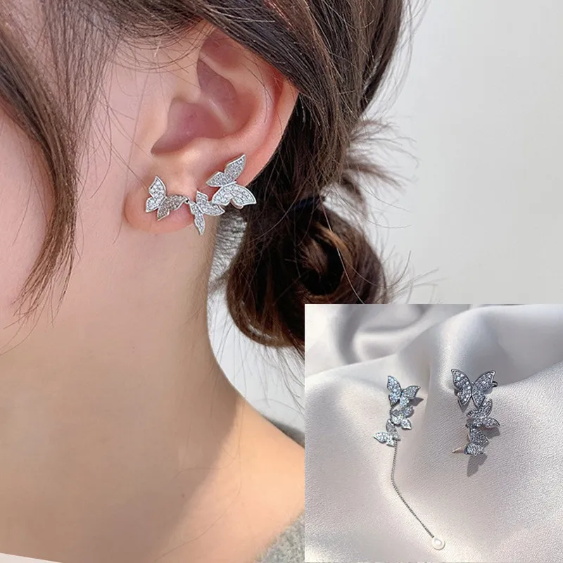 

South Korea's New Super Fairy Butterfly Earrings Long Tassel Net Red Sweet Trend Asymmetrical Exquisite Ear Bone Clip