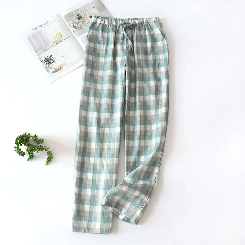 

Couple Cotton Gauze Home Pants Trousers Spring And Autumn Plaid Pajamas Loose Female Men's Thin Section Home Trousers Pajamas