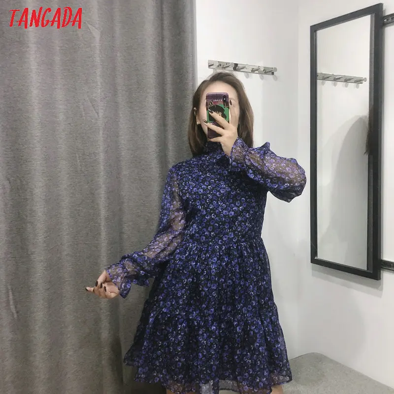 Tangada, модное женское синее платье-рубашка с оборками и цветочным принтом, отложной воротник, Сетчатое лоскутное винтажное платье с длинным рукавом, Vestidos 2XN166