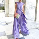 Женский офисный комбинезон в стиле ретро с цветочным принтом и поясом, пикантный комбинезон с рукавами-бабочками и широкими штанинами, повседневный пляжный комбинезон с круглым вырезом, комбинезон