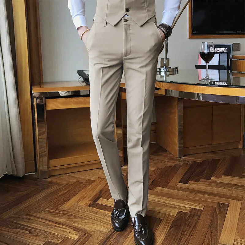 

Quality Men Cotton Suit Pants Solid Color Business Casual Mens Dress Trousers Khaki black Classic Slim Men's Groom Wedding Pants